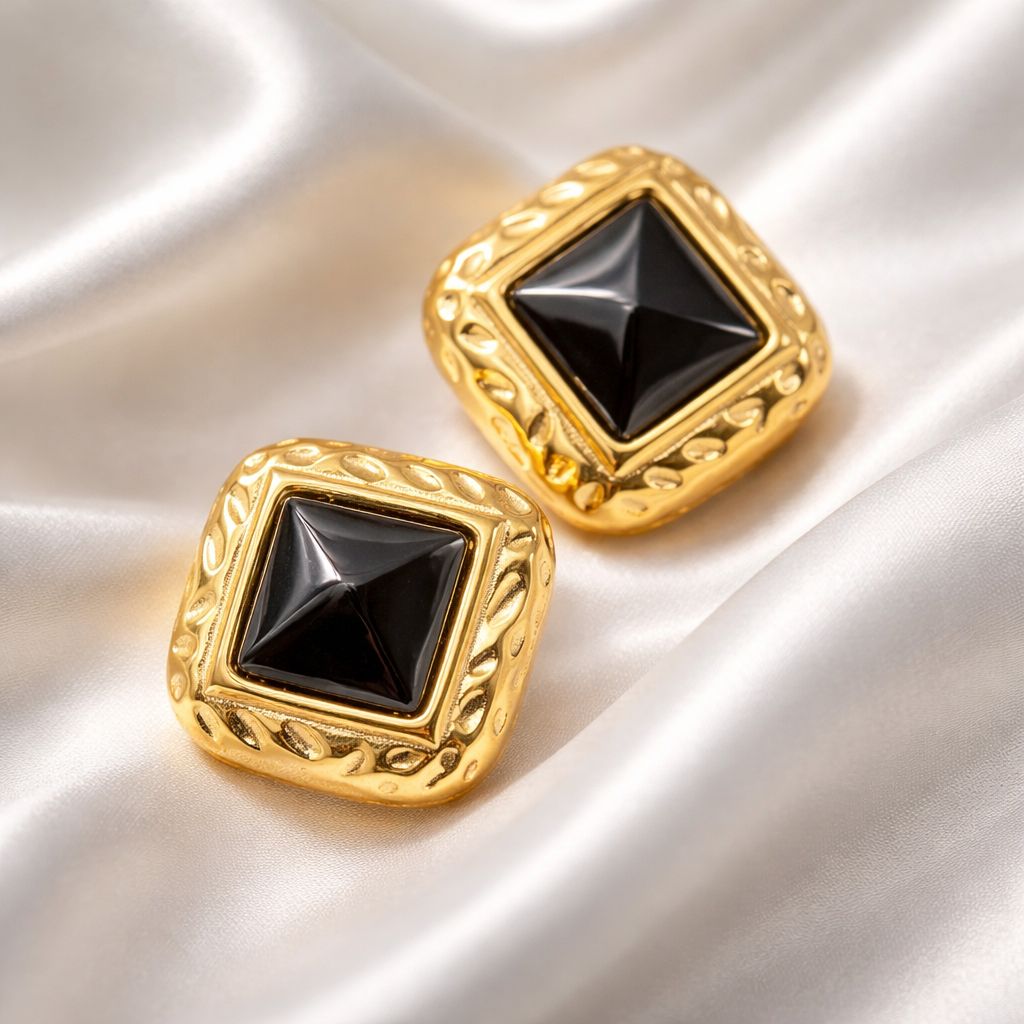 Aros Cuadrado con Negro y Dorado Acero Inoxidable