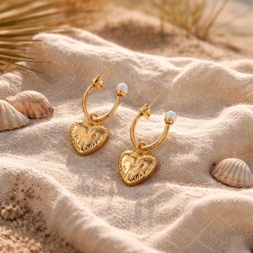 Aros colgantes de Corazon Color  Dorado Acero Inoxidable